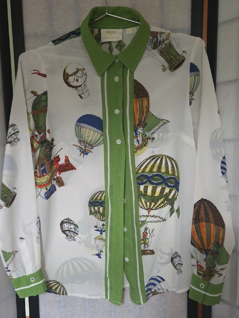 Anthropologie White Balloon-Print Button-Down Shirt with Green Trim 100% SILK